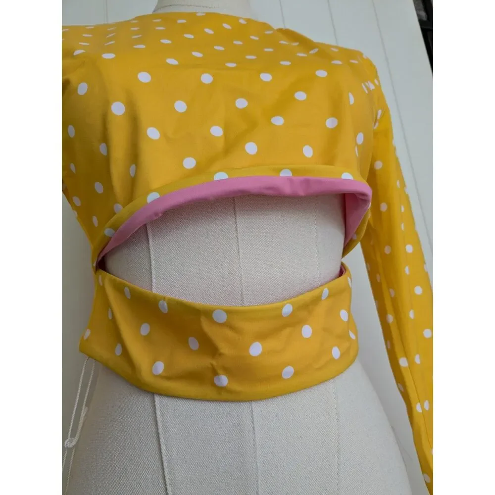 Taranaki Long Sleeved Crop Cut-Out Rashie - Yellow w/ white polka dots - Small